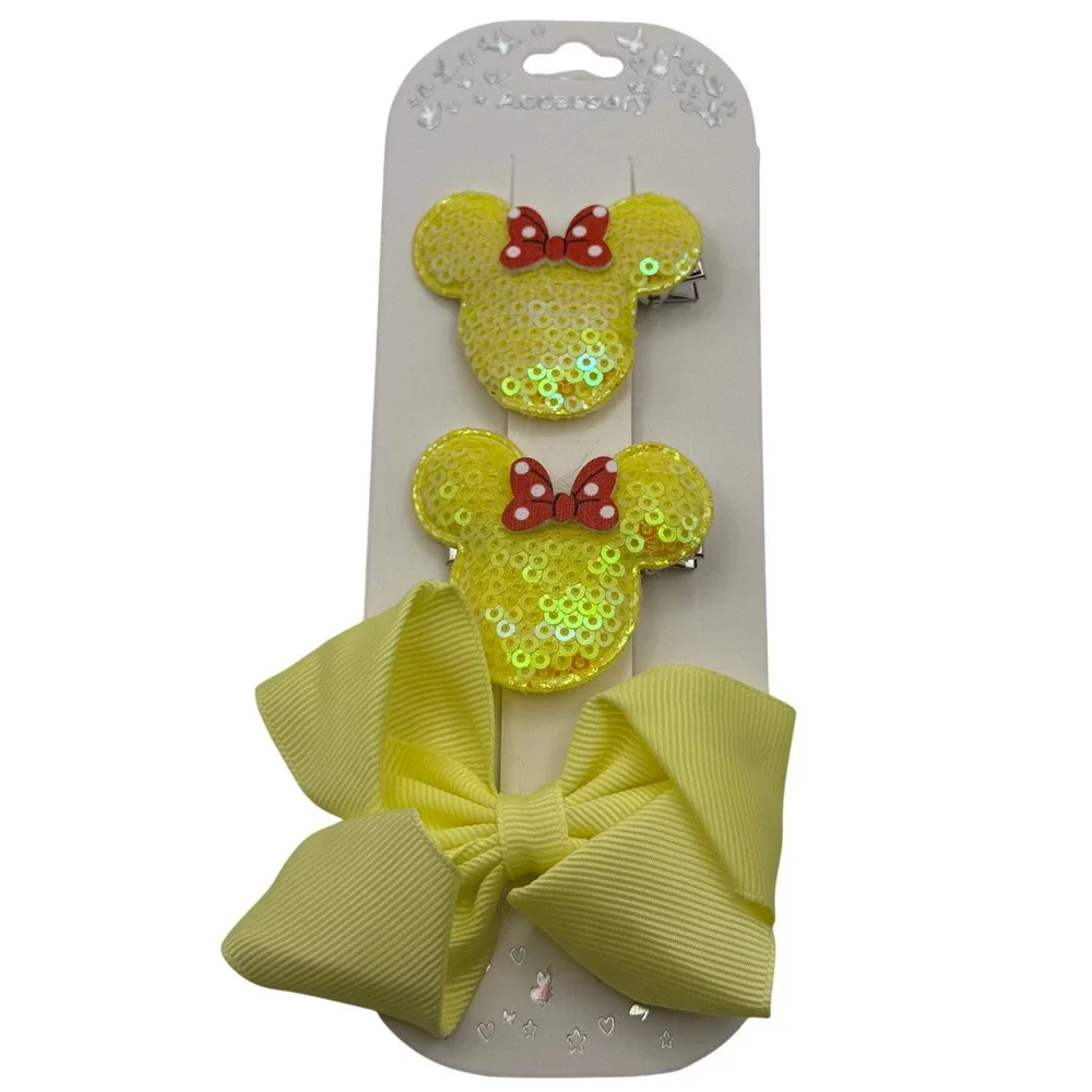 Chloe Accessory Yellow Minnie Mouse Sequin Hair Clips with Bow and Large Bow Set